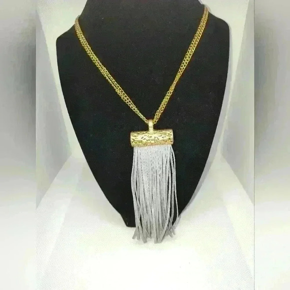 Plunder long grey fringe gold tone necklaces 15 inch extender 3 inch - Picture 1 of 2
